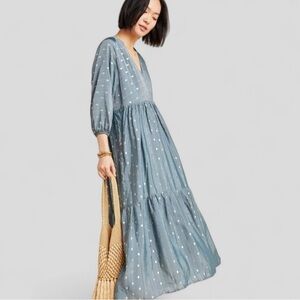 Anthropologie Metallic Gold Polka Dot Napoli Tiered Maxi Dress Sz XS Iris Blue